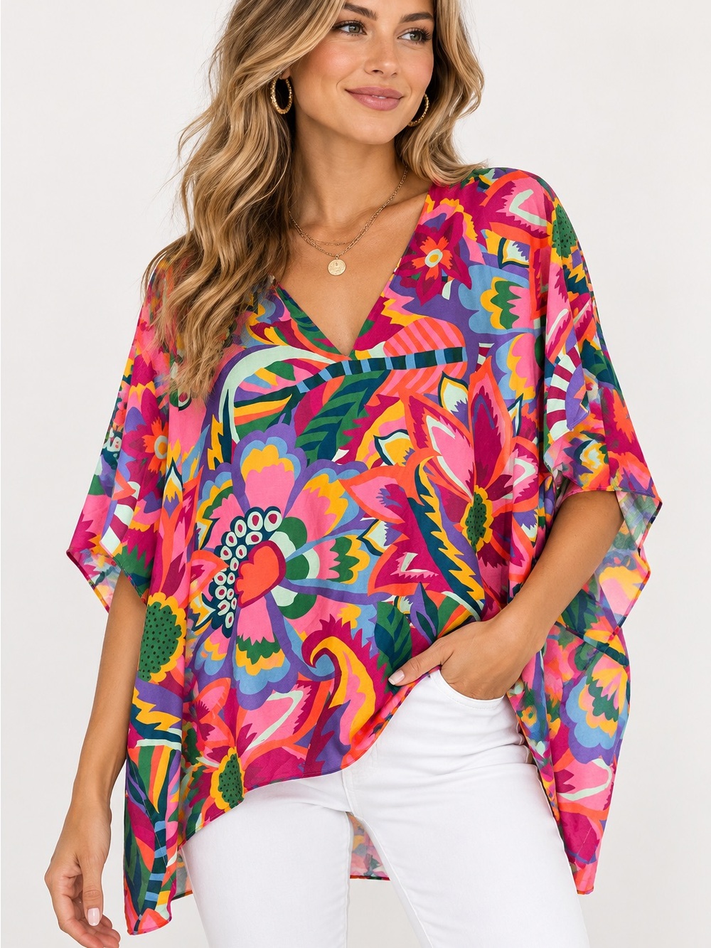 Crosby by Mollie Burch Vibrant Floral V-Neck Pink Multi